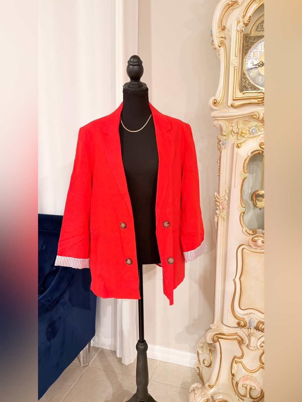 Halston Heritage Red Double-Breasted Blazer with Striped Cuffs
